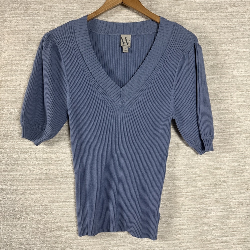 Worthington Ribbed Knit Puff Sleeve Top Blue Minimalist Womens XL Clean Girl